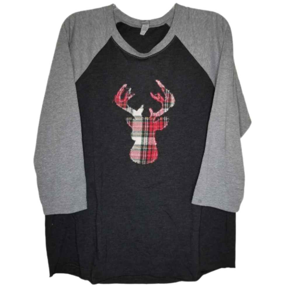 Next Level Apparel Plaid Reindeer Patch‎ 3/4 Sleeve Shirt Size: L